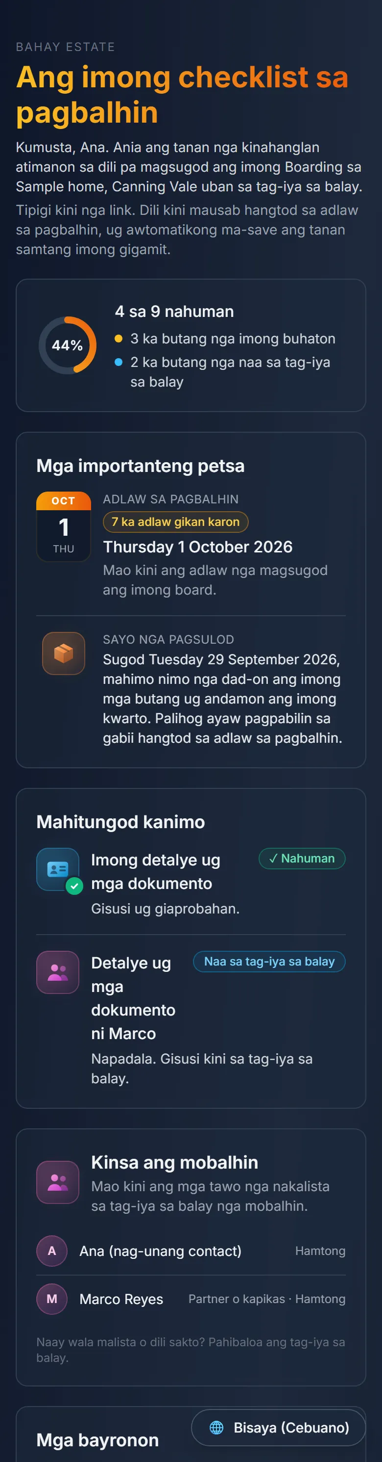 The same move-in checklist on a phone, in Bisaya (Cebuano), with the progress ring, the move-in and early access dates, the documents step and who is moving in.