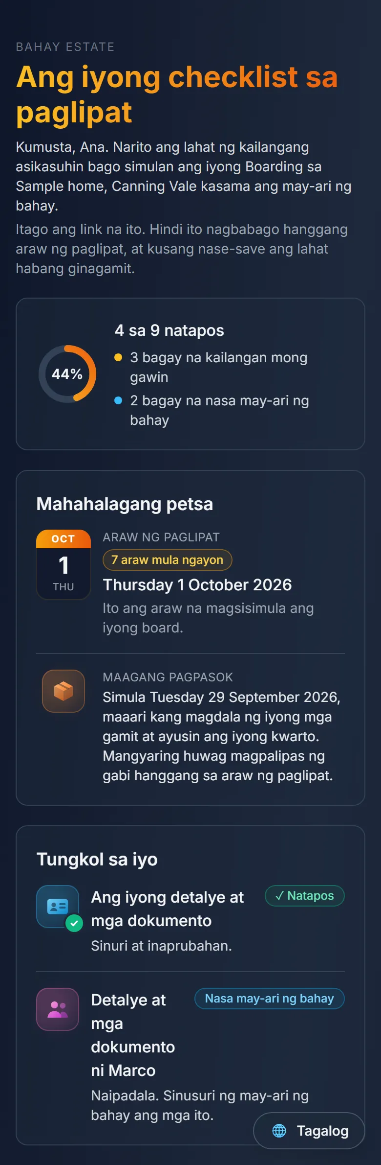 The same move-in checklist on a phone, in Tagalog, with the progress ring, the move-in and early access dates, the documents step, and a button to change the language.